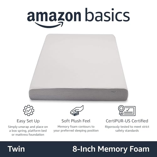 Amazon Basics Memory Foam Mattress, Soft Plush Feel, 8 Inch, Twin, White/Grey