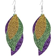 coadipress Mardi Gras Theme Earrings for Women Layer Leaf Mardi Gras Dangle Earrings Glitter Leather Leaf Earrings Fat Tuesday Festive Party Jewelry Gifts