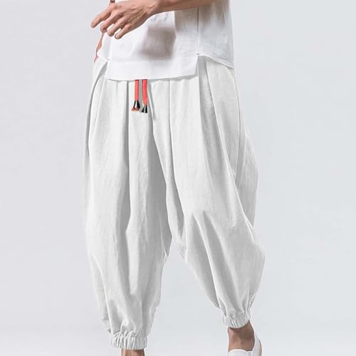 Mens Cotton Linen Pants Drawstring Baggy Harem Pants Elastic Waist Wide Leg Trousers Summer Breathable Yoga Trousers2