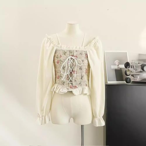 Image of ICW Women Korean Retro Style Vintage Floral Jacquard Lace-Up Off-The-Shoulder Smock Puff Sleeve Ruffled Crop Blouse Corset Top DN6021
