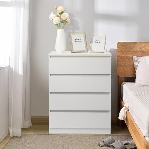 LEADZM Kommode Schlafzimmer Kommode mit 4 Geräumige Schubladen, für minimalistische Innenräume, Wohnzimmer, Schlafzimmer, Flur, Schrank, Sideboard, Highboard, viel Stauraum,Weiß (Weiß, 4 Schubladen)