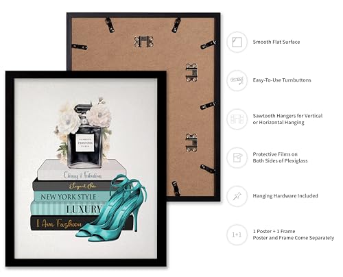 Image of Poster Master Fashion Print - Blue Designer Poster - Shoes & Perfume Art - Chic Gift for Her & Fashionista - Luxury Haute Couture Decor for Bedroom or Girl's Room - 11x14 Black Framed
