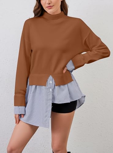 Image of Women Turtleneck Long Sleeve Sweater Patchwork Button Down Striped High Low Hem Shirt Vinatge Pullover Top Brown