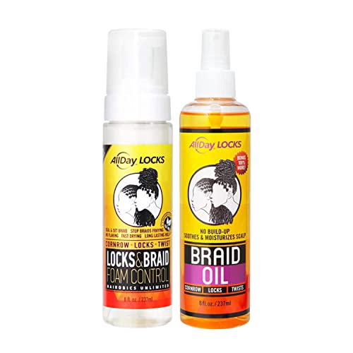 Allday Locks Braid Foam (8 Oz) & Braid Oil (8 Oz) Bundle | Long Lasting Style, Protection, & Shine | Moisturizes, Rejuvenates, & Seals Braids, Locks, Twists, Cornrows #TOP7