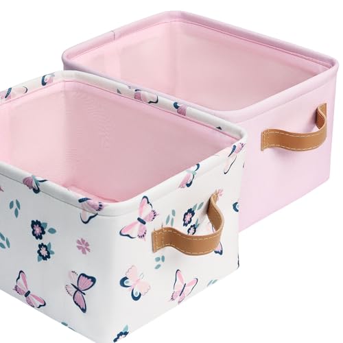 Image of Fabric Storage Bins Cute for Nursery 8"x5.2"x10" - Collapsible Butterfly & Pink Kids Baskets with Handles 2 Pack, Hamper Fabric Bin, Toy Toddler Basket, Diaper Storage Bins, Baby Room Decor
