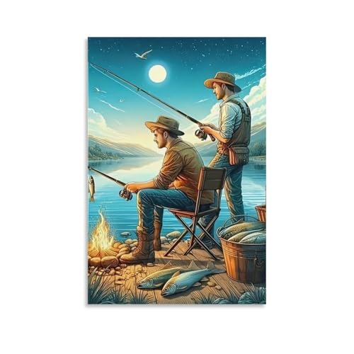 Scène pêche nuit toile imprimée 50x75cm image murale chambre