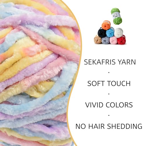 Image of 2 Pack Plush Chenille Chunky Yarn - Fluffy Velvet Yarns Crochet for Blanket Knitting and Crocheting - Soft Baby Yarn for Crocheting - Amigurumi Crochet Yarns 100g (87yds) (2 Macaron)