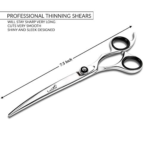 Image of Laazar Professional 7.5 inch Curved Shears for Dogs and Cats | Tension Adjustable Pet Grooming Scissors | 440C Japanese Stainless Steel | Groomers Tool for Men and Woman Leather case Included