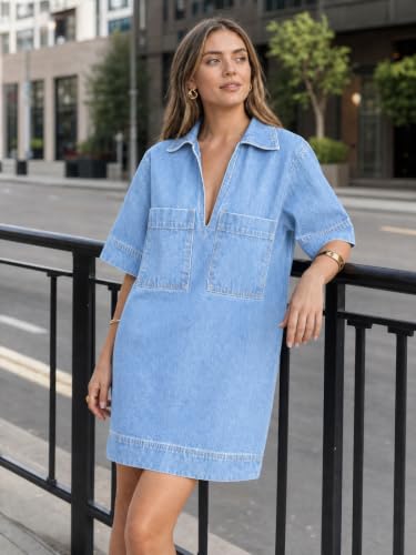 Image of Fisoew Womens Denim Shirt Dress Summer Collared V Neck Mini Casual Jean Dresses with Pockets