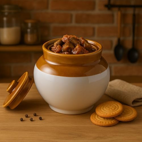 Ceramic Jars (2200ml) – Handcrafted Multipurpose Barni with Lid for Pickle, Chutney, Spices, Salt, Sugar – Kitchen Storage Containers, White (5 x 6 Inch), Not Airtight