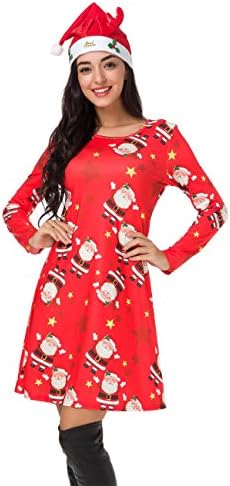 AtnlewhiWomens Christmas Dresses Long Sleeve Casual Cocktail Party A Line Xmas Midi Party Holiday Swing Dress