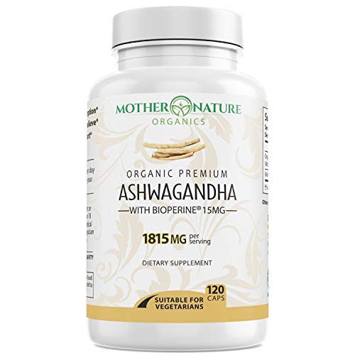 Organic Ashwagandha 1,815 mg - Anxiety and Stress Relief Supplements with Black Pepper Extract (120 Count) - Mood Enhancer, Immune & Thyroid Support - Non-GMO, Gluten-Free, Dairy-Free & Vegan