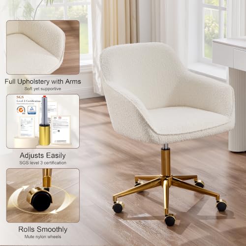 Image of Zesthouse Modern Desk Chair with Wheels, White Swivel Vanity Chair for Girls Women, Upholstered Home Office Chair Boucle Armchair for Bedroom, Height Adjustable Computer Task Chair, Gold Base