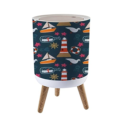 Image of Small Trash Can with Lid Nautical Seamless Illustrations of Whale Ship and Lighthouse Wood Legs Press Cover Garbage Bin Round Simple Human Waste Bin Wastebasket for Kitchen Bathroom Office