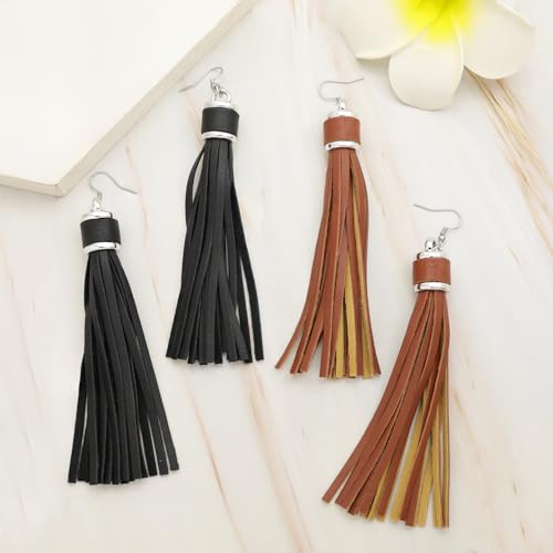 RechicGu 2x Western Earrings For Women Country Concert Pu Leather Long Tassles Stainless Steel Ear Hook Cowgirl Cowboy Bohemian Earrings Jewelry Set3