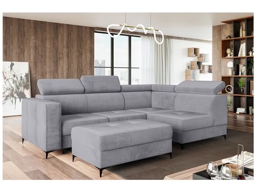 MEBLINI Schlafcouch mit Bettkasten - Ecksofa mit Schlaffunktion - Sofa mit Relaxfunktion und Kopfstützen - Couch L-Form - Eckcouch - Wohnlandschaft - Dorian - 263x232x89cm Rechts - Grau Samt