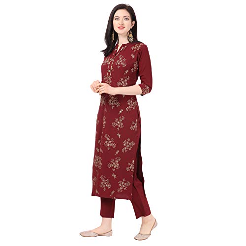 Image of NAINVISH Maroon Color Crepe Stitched Kurti with Pant Set for Women
