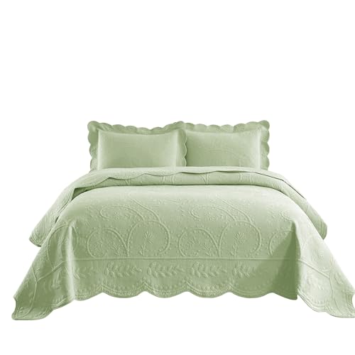MarCielo 3-Piece 100% Cotton Oversized Bedspread Lightweight Quilt Coverlet Embroidery Farmhouse Bedding Set (TX Pale Green, Oversized King (118"x106"))