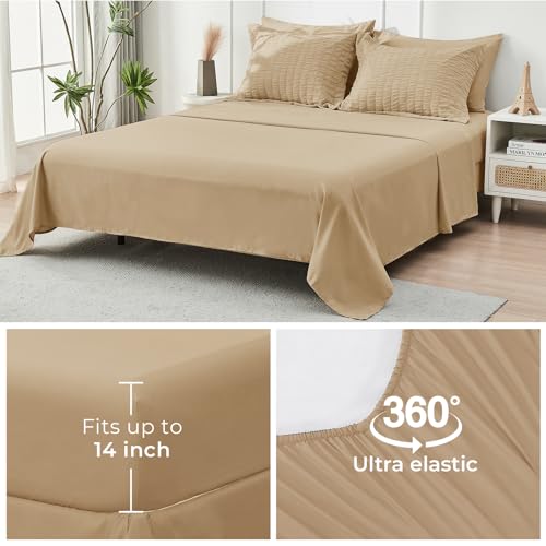 Image of HYMOKEGE Khaki Oversized Queen Comforter Set Seersucker 7 Pieces, All Season Luxury Bed in a Bag for Bedroom, Bedding Set with Comforter, Sheets, Pillowcases & Shams