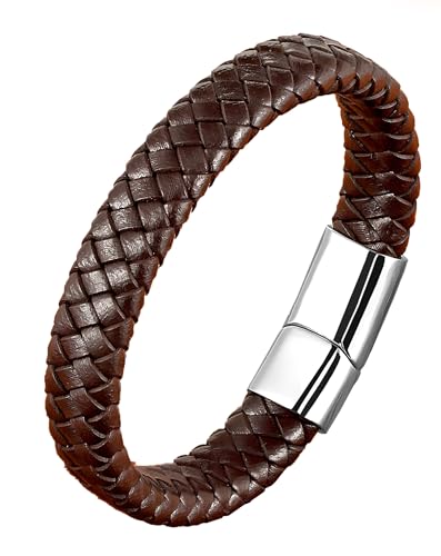 Deerllia Leather Bracelet for Men, Braided Cuff with Stainless Steel Clasp Stacked Multi Style Color Anniversary Father's Day Birthday Christmas Jewelry Gifts for Him, Silver Clasp Brown Leather
