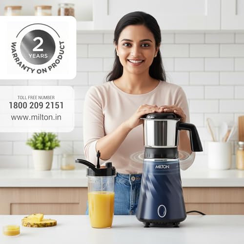 Image of Milton Appliances Miniq Mini Bullet Mixer Grinder I ISI Certified I Smoothie Maker & Blender I SS Jar & On-the-Go Jar I Powerful HTLV 350W Motor | For Juices, Smoothies, Chutney, Dark Blue