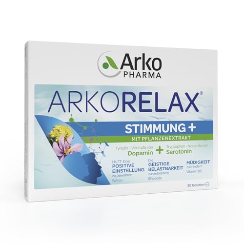 ARKOPHARMA - ARKORELAX® Stimmung + - mit 500 mg Tyrosin + 220 mg Tryptophan + Safran + Rhodiola und Vitamin B6 – natürliches Wohlbefinden – 30 Tabletten – für emotionales Gleichgewicht