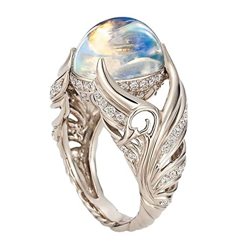 925 Sterling Silver Shiny Angel Wings Full Diamond Set Round Moonstone Ring Euramerican Micro Inlaid Zircon Diamond Ring Female Jewelry Found Earring Found (US Code 7)