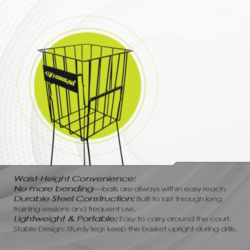 Image of COUGAR Ball Pick-Up Basket - Holds 72 Tennis Balls, Waist Height for Easy Access, Collects Balls from Ground, Ideal for Serving Practice, Lightweight and Durable for Court Training(Colour May Vary)