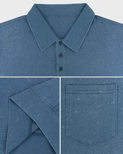 Men's Short Sleeve Polo Shirts Button Down Collared Distressed Washed Banded Bottom T-Shirt with Pocket3