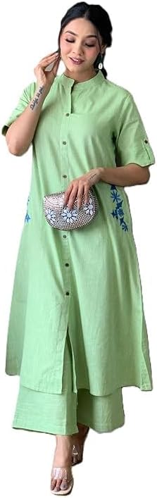 Women's Pure Cotton Chick Embroidery Solid Co-Ord Set | Ethnic Half Sleeves Cotton Kurta Pants Set Green