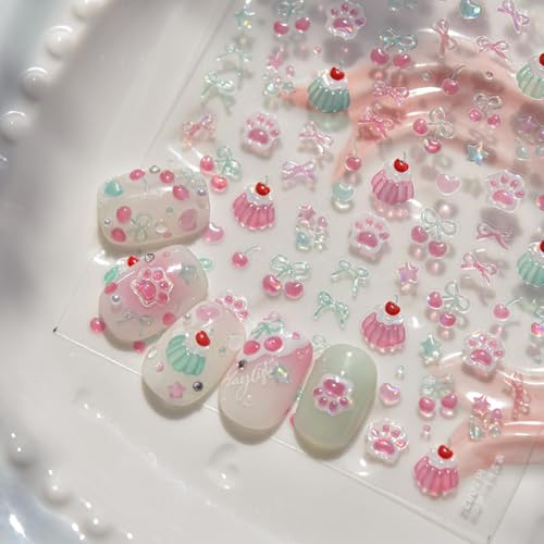 Image of 5D Embossed Cake Nail Sticker for Nails Art Pink Nail Decals Cherry Bow Nail Art Stickers Cute Nails Decal Self Adhesive Manicure Supplies Decoration for Women Girls Kid