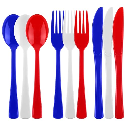 Kochorie 300 Pieces 4th of July Plastic Silverware Heavy Duty Independence Day Cutlery Set Disposable Plastic Utensils Includes Spoons Forks Knives for Memorial Day Veterans Day Red Blue White
