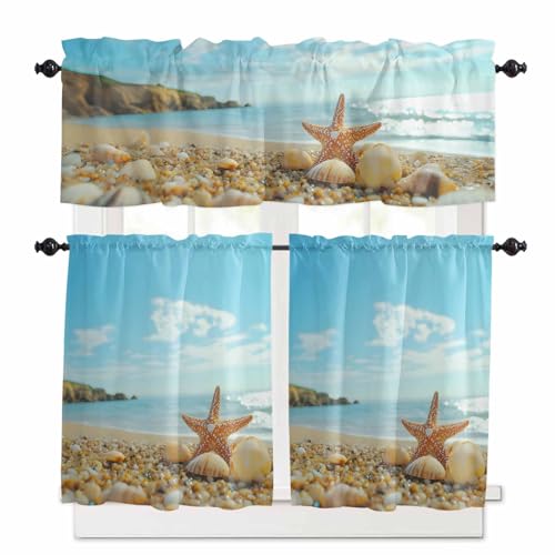 Coastal Starfish Kitchen Curtains 36 Inch Length, 3 Piece Rod Pocket Small Half Tiers and Valance Set, Modern Ocean Beach Conch Seashells Small Large Window Treatment Decor for Bedroom/Bathroom Sink