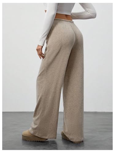 Women's Wide Leg Ribbed Knit Pants Drawstring Waist Low Rise Casual Long Trousers2