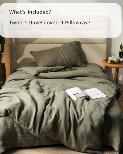 Image of XZ XIFA 100% Washed French Flax Linen Duvet Cover Set - 2 Pieces, Cooling & Textured Farmhouse Bedding for Hot Sleepers, with Zipper Closure (Olive Green, Twin)
