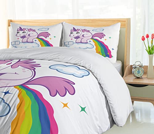 Ambesonne Funny Duvet Cover Set, Unicorn Pooping Rainbow Over Clouds Creative Girls Fantasy Cartoon, Decorative 3 Piece Bedding Set With 2 Pillow Shams, Queen Size, Pale Purple #TOP3