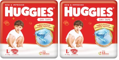 Image of Huggies Dry Tape | Adjustable Tape Style Diapers, Large (L) Size (9-14 Kgs), Pack of 60 | Up To 2X Faster Absorption, Up To 12 Hours Overnight Absorption