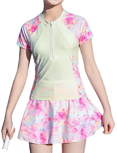 JadeRich Girls 2-Piece Swimsuits Sporty Skirted Bathing Suit Rash Guard Casual Swimwear for Teenagers