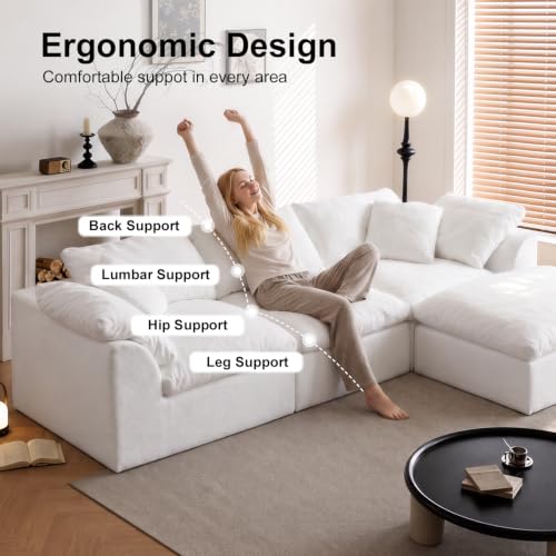 Image of Cloud Couch Sectional for Living Room, Modular L Shaped Boneless Sofa with Chaise, Compressed No Assembly Couch, Deep Seat Chenille Upholstered Convertible Sofa Bed(Pearl White)