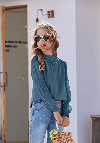 Image of Arshiner Girls Long Sleeve Shirts Chiffon Blouses Swiss Dot Frill Neck Top