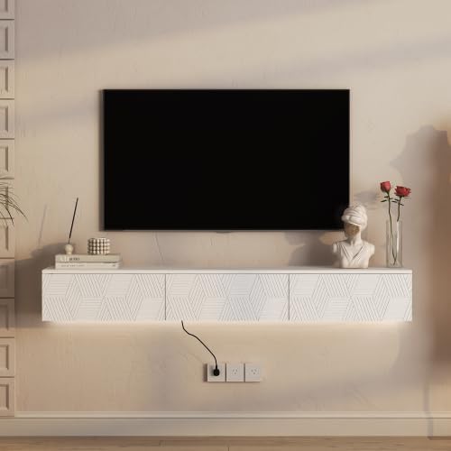 Ferand 67" Floating TV Stand Wall Mounted with 16 Color LED Lights, Modern Wall Mounted TV Cabinet Entertainment Center for 55–65 Inch TVs, Floating Media Console with Storage, White Finish