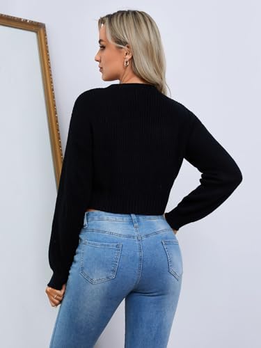 Image of Floerns Women's Solid Long Sleeve Button Down V Neck Cardigan Crop Top Sweater