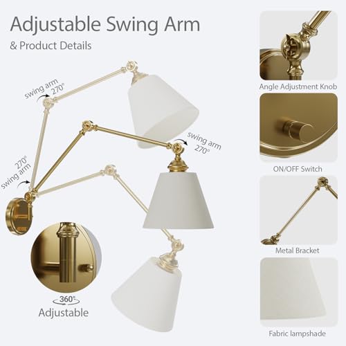 Image of Plug in Wall Sconce, Gold Adjustable Swing Arm Wall Lamp, 1 Pack | Fabric Lampshade, Plug-in or Hardwired, E26 Base, 6.6FT Plug-in Cord, Knob Switch, Living room, bedroom, study room, office