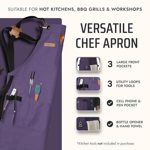 Asaya Chef and BBQ Apron with Bottle Opener and Hand Towel - 10oz Cotton Canvas, Stainless Steel Hardware - Cross Back Straps