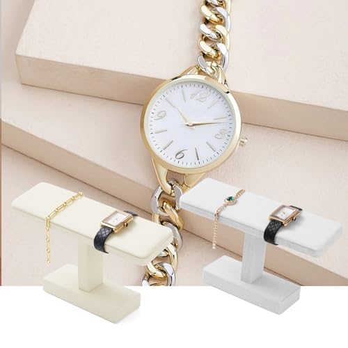 Microfiber T-bar Bracelet Watch Stand Jewelry Bracelet Watch Holder Necklace Bangle Organizer Holder Jewelry Stand,Solid Wood Interior(White)