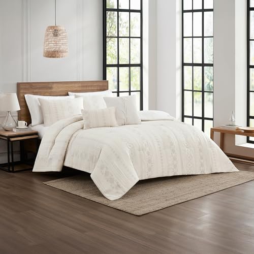 Image of Modern Threads Marcy Ivory Jacquard Comforter Set - 5 Piece Sandstone-Inspired Bedding with Decorative Pillows & Shams, Elegant Soft Textured Bed Set for All Seasons, King