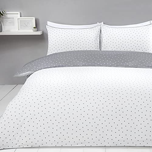 Sleepdown 5056242753230 nórdica Reversible para Cama, diseño de Lunares, Color Blanco y Gris, tamaño Individual de 135 x 200 cm + 1 Funda de Almohada a Juego, Algodón, Suelto
