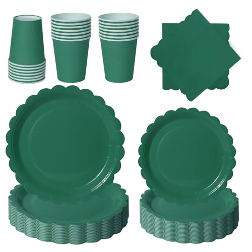 PYAILI Anniversaire Vaisselle de fete 96 Pièces Vert Foncé Party Assiettes en Papier Set Assiettes de Fête Papier Tasses Serviettesr, pour Barbecue les Fêtes les Pique-niques -24 Invités