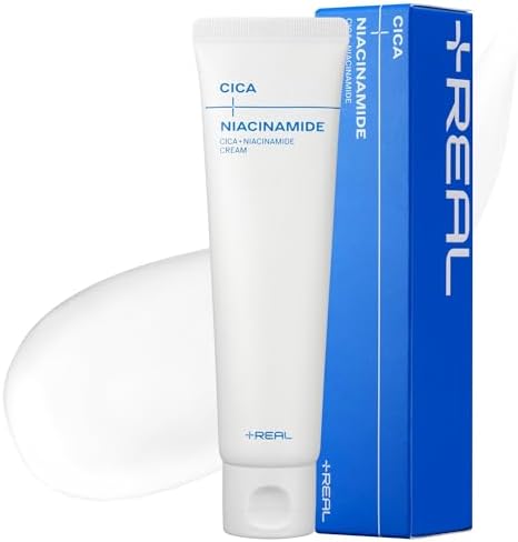 PLUSREAL Cica + Niacinamide Redness Relief & Skin Barrier Repair Cream for Dry and Sensitive Skin | Korean Skincare | Fragrance Free | Vegan | Centella asiatica Cream with Niacinamide, 2.02 fl.oz