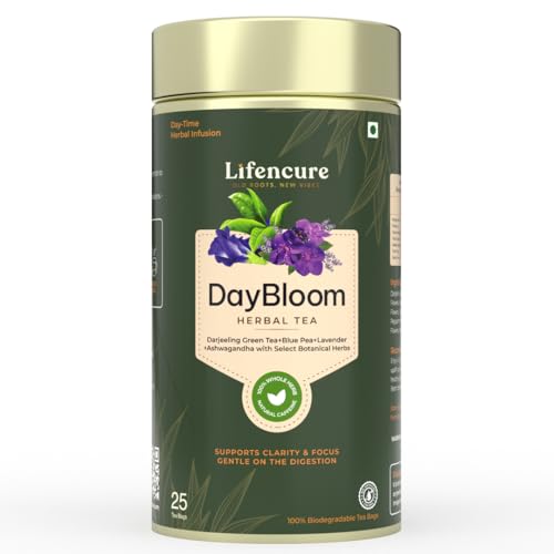 Lifencure DayBloom Herbal Tea – for Energy & Focus – Darjeeling Green Tea with Butterfly Pea, Tulsi, Chamomile & Ashwagandha – Low Caffeine Daytime Tea – 25 Pyramid Tea Bags